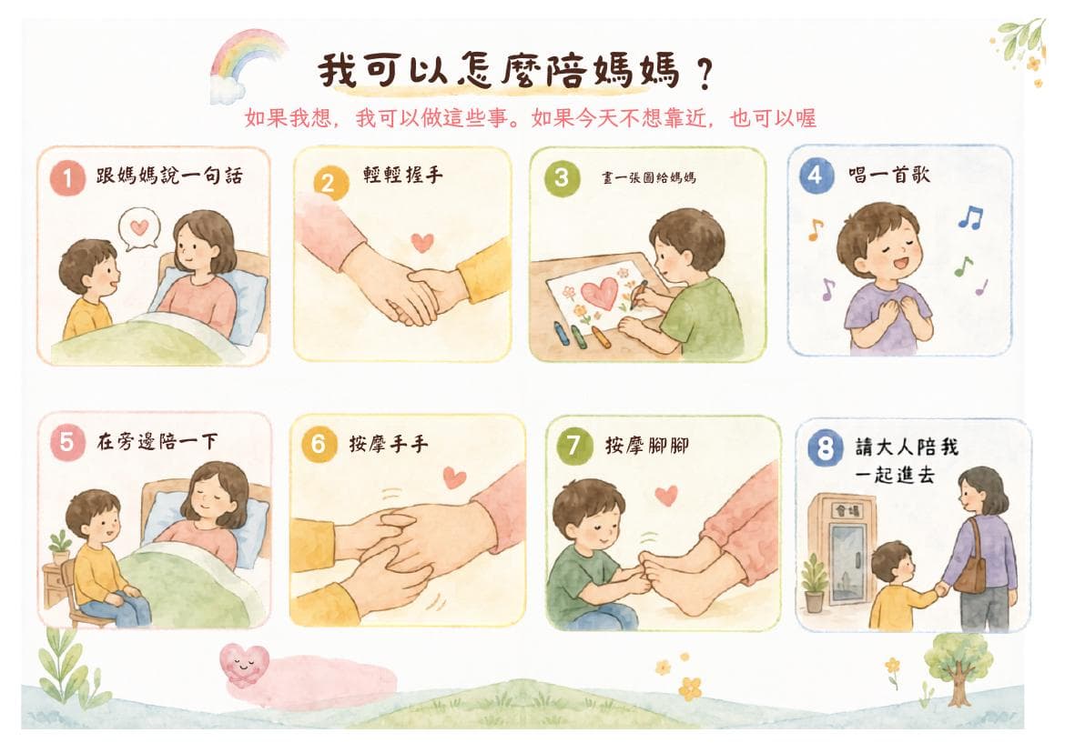 走進病房之前為孩子準備的預備書第四頁預覽,以八個圖文方格呈現孩子可以陪媽媽說話、握手、畫圖、唱歌與請大人陪同進病房等選項。